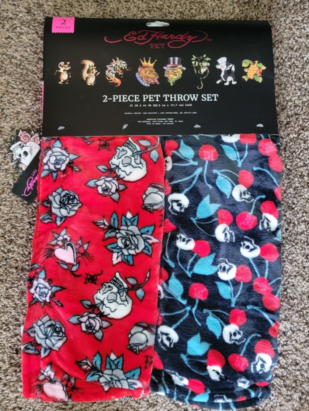 Ed Hardy Pet Dog Or Cat Blankets Throw Skull Cherries 2 Piece.. New!
